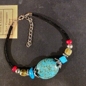 Turquoise & Coral Stone Bracelet with Black Velvet Silver Tone Accents Style H